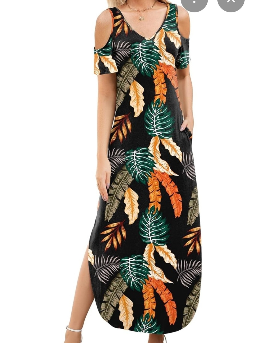 Tropical Cold-Shoulder Maxi Dress - Black with Green & Orange Leaf Print